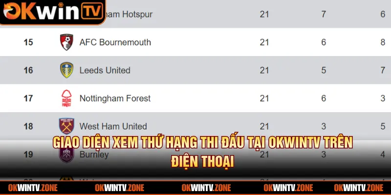 Giao diện xem thứ hạng thi đấu tại OKWIN TV trên điện thoại